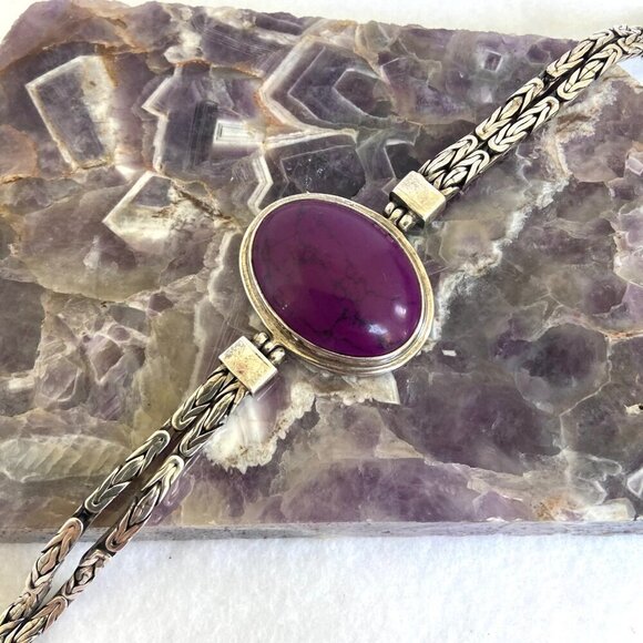 Sterling Silver 925 Purple Stone Dyed Howlite Chunky Byzantine Chain Bracelet - Picture 11 of 16